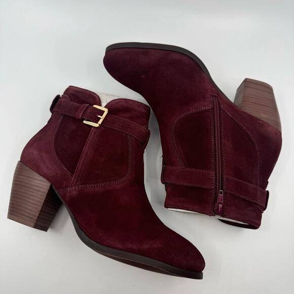 Diba Sleek Buckle Ankle Bootie Side Zipper Block Heel Burgundy Womens Size US 7 - Picture 2 of 10